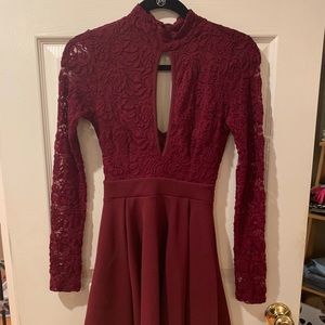 Maroon Lace Mini Long Sleeve Dress
